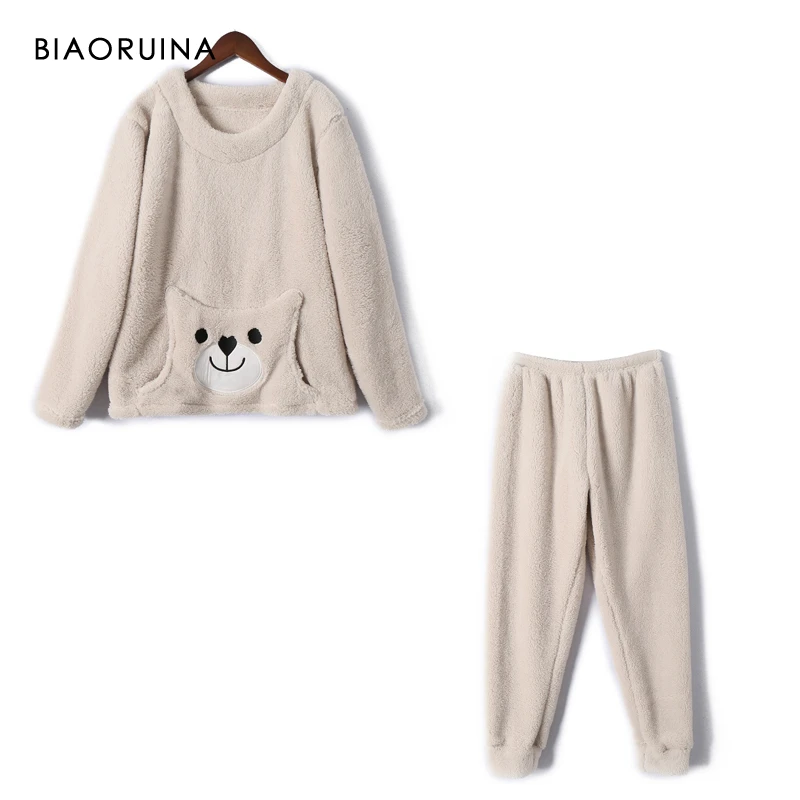 BIAORUINA, Женская Теплая Флисовая Пижама с вышивкой, комплект с круглым вырезом, повседневные топы+ длинные штаны, комплект из двух предметов, зимний комплект для сна