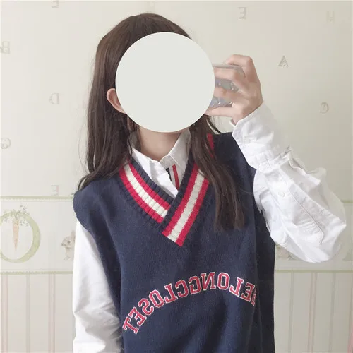 dark blue Осенний женский свитер в Корейском стиле, Свободный жилет с вышитыми буквами, хит цвета, v-образный вырез без рукавов Вязанный жилет, женский свитер - Цвет: dark blue