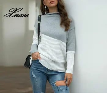 

Xnxee Autumn winter Irregular Sleeve Curled Half-High Neck Contrast Turtleneck Colour stitching Sweater