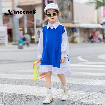 

4-16 Years Girls Long Sleeve Shirt Dresses Kids Patchwork Casual Dress for Girls Toddler Teenage Fashion Clothes Princess Dress
