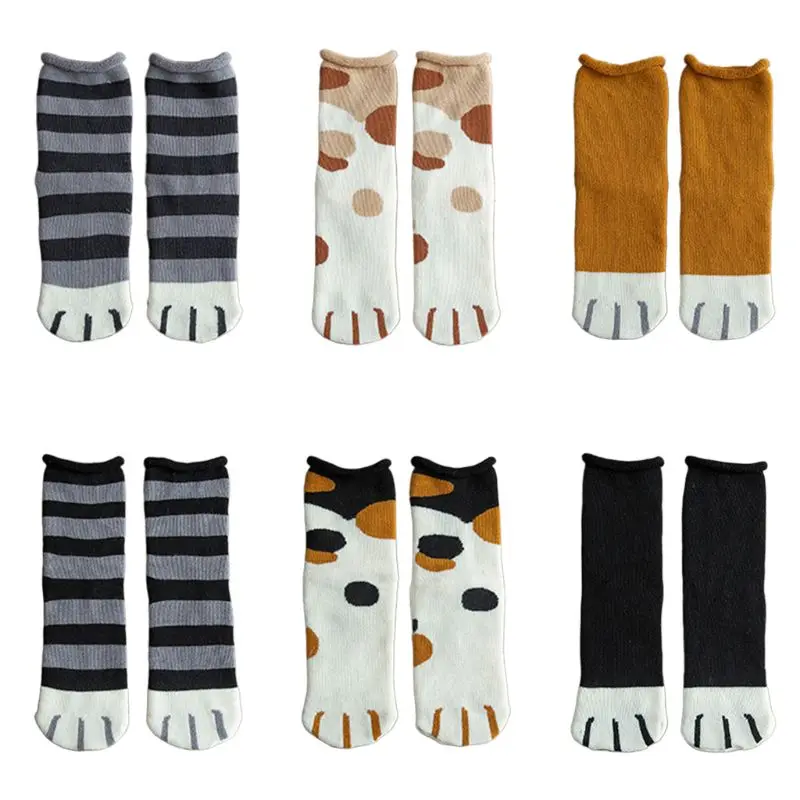 Женские зимние плотные махровые носки с петельками для девочек милые хлопковые Теплые повседневные носки в полоску и горошек с принтом в виде кошачьей лапы H