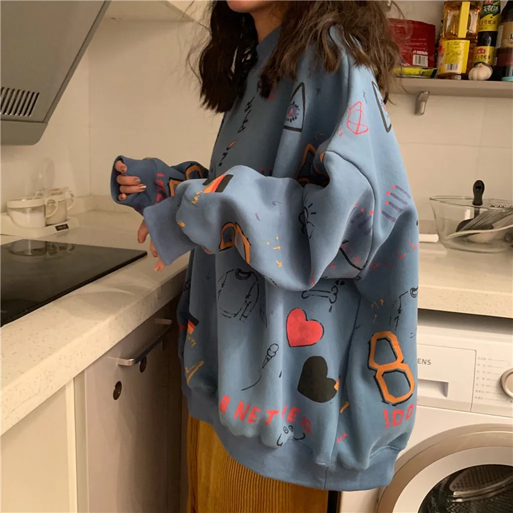 Pullover Women Sweatshirt Graffiti Hip-pop Streetwear Tops O-neck Long Sleeve Cartoon Print Jumper Casual Loose Oversized Female