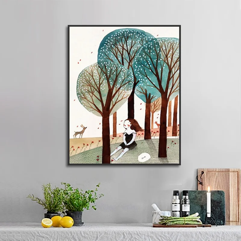 

Wall Art Canvas Painting Happy Girl Park Play Landscape Print Nordic Style Modular Living Room Bedroom Decor