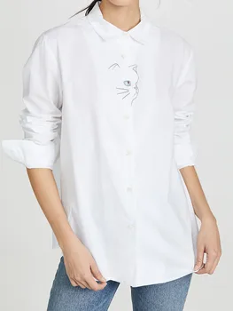 

Women's Long Sleeve Blouse Cat Embroidery White Turn-Down Collar Shirt for Office Lady