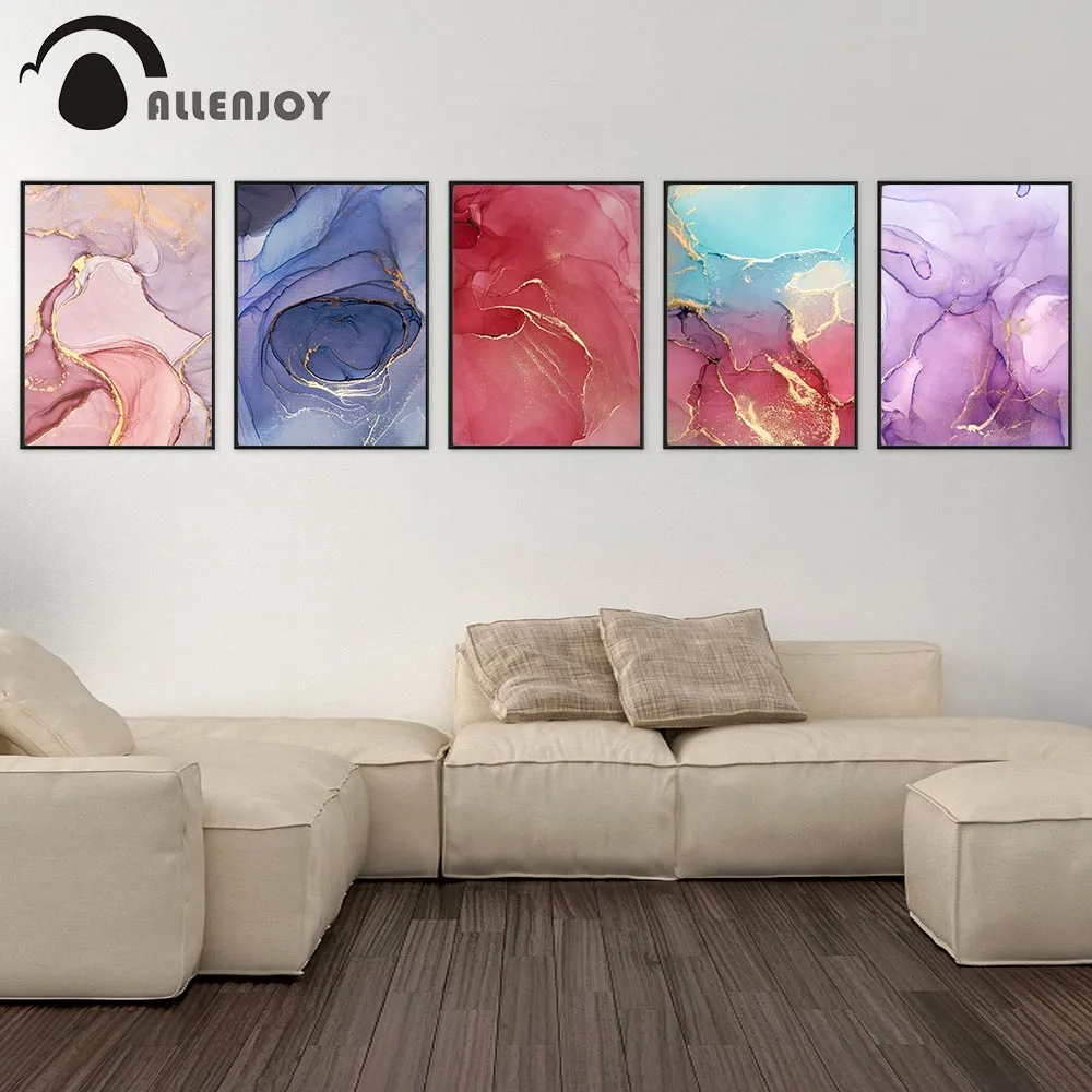 

Allenjoy Nordic Canvas Paintings Marble Abstract Colorful Golden Texture Living Room Pictures Minimalist Home Decor Posters