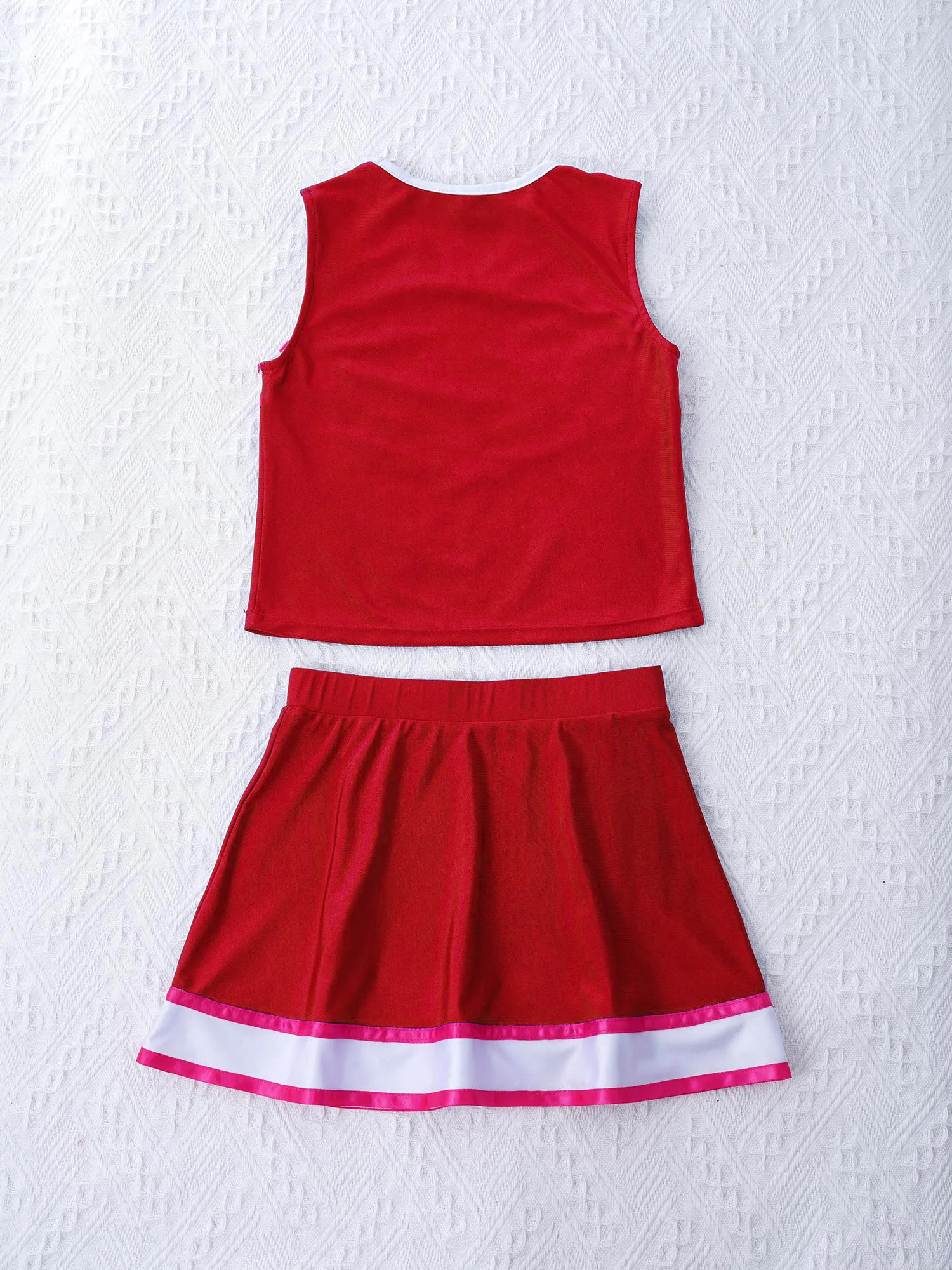 Kids Girls Cheerleading Uniform Sport Dance Outfit Sleeveless V Neckline Striped Patchwork Crop Top with Elastic Waistband Skirt