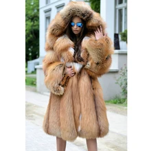 

2021 Fashion Long Real Red Fox Fur Coat with Big Hood Thick Warm Fur Overcoat Luxury Women Genuine Fox Fur Coats Winter Female