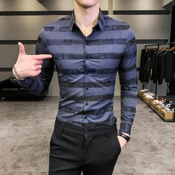 

High Quality Business Men Dress Shirt Formal Wear Long Sleeve Striped Shirts For Men Slim Fit Print Work Shirt Male Clothing 4XL