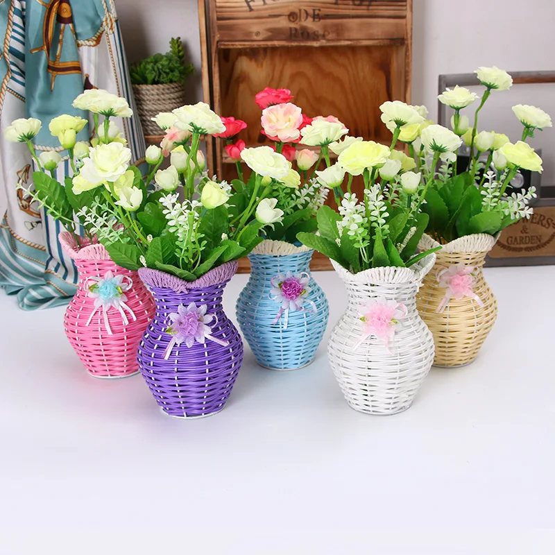 Home Rattan Flower Basket Handmade Plastic Flower Basket Desktop Plum Blossom Mouth Plastic Vase Decoration