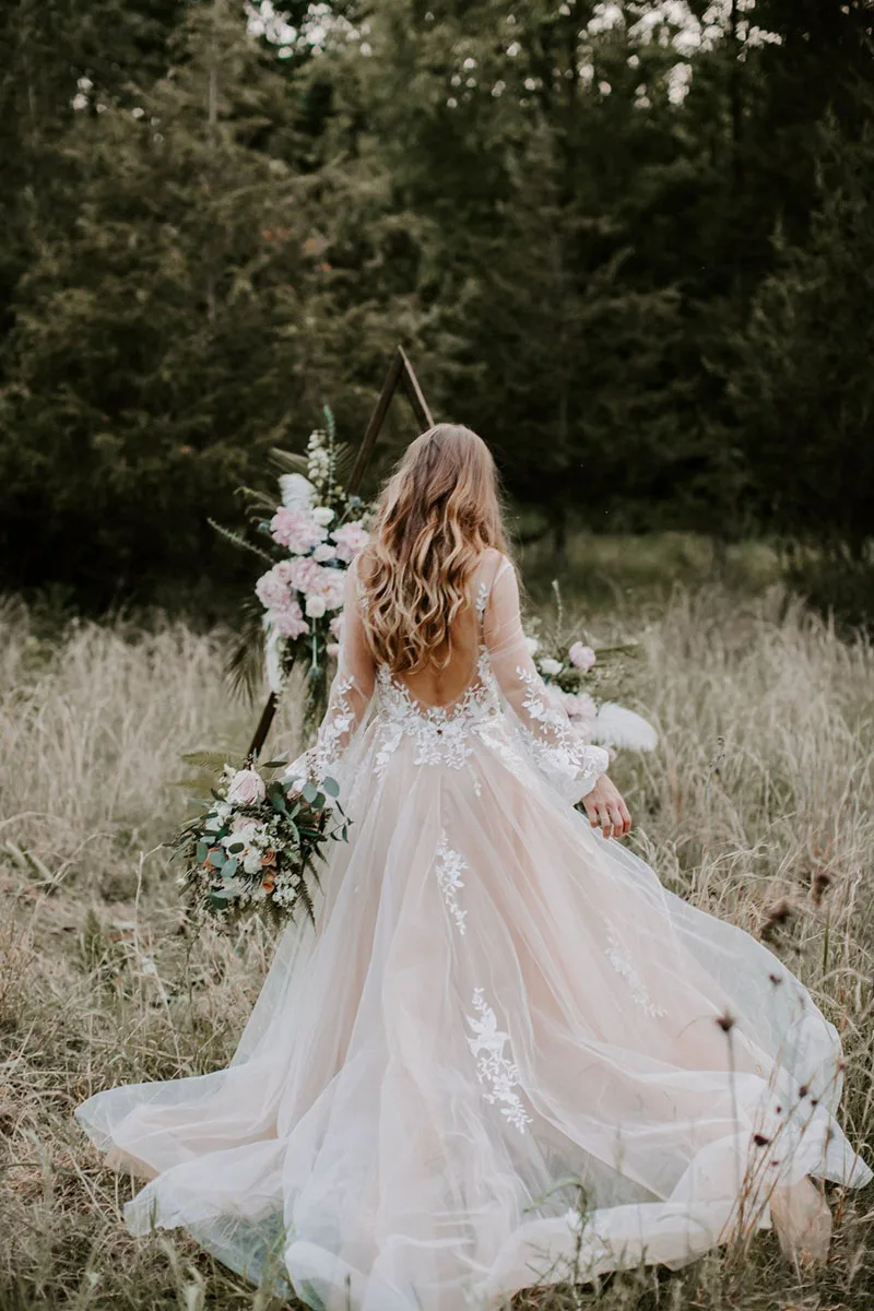 Eightale Boho Wedding dresses Long Sleeves V-Neck Appliques bridal dresses Backless Wedding Gowns Tulle vestidos de noiva