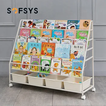 

Movable Bookshelves Children's Bookshelves Picture Book Racks Floor Belt Wheels Kindergarten Bookshelves Iron Metal Storage Rack