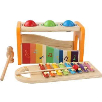 

Multifunctional Wooden Bench with Slide Out Xylophone Pounding Toy for Toddlers