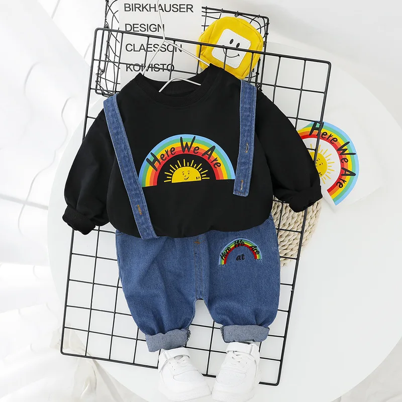 Spring Infant Clothing For Baby Boy Set Rainbow Pattern Hoodie Top+Denim Suspenders Pants 2pcs Black White Cotton Toddler Suit