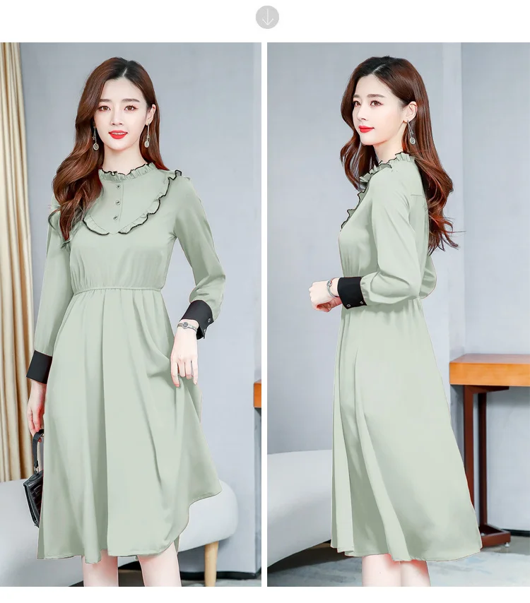 

Dress Woman Round Neck Mid Waist 2020 Spring Long Sleeved Slim Ladies Waist Was Thin Temperament Shirt Sleeve Single Breasted XL