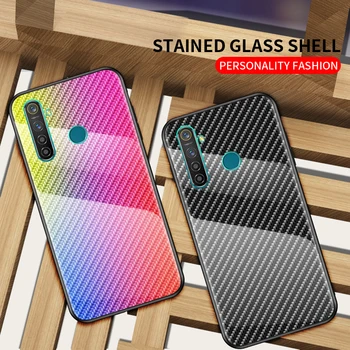 

50pcs/lot For OPPO Realme 5 Pro TPU Soft Side Carbon Fiber Gradient Stripe Tempered Glass Hard Case For Oppo Reno 2