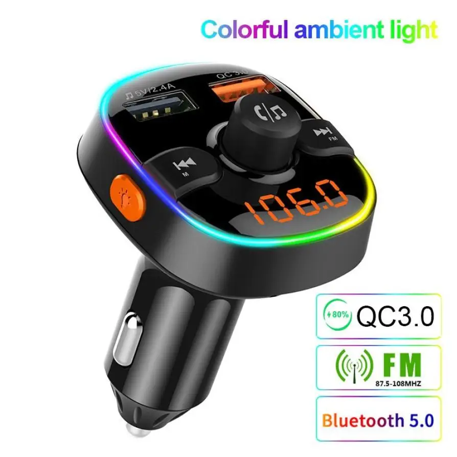 

Colorful Bluetooth player 5.0 Fm Transmitter Car Kit MP3 Modulator Charger QC3.0 Double USB With LED Lattice screen fm zender