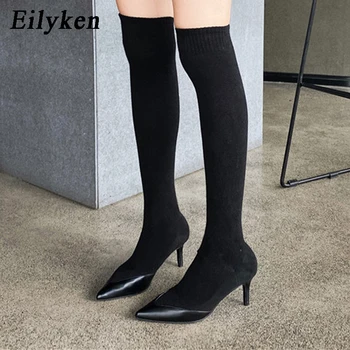 

Eilyken 2021 Winter Autumn Women Over The Knee Boots Knitted Sleeve Woman Boots Pointed Toe Low Heel Shoes Female Footwear