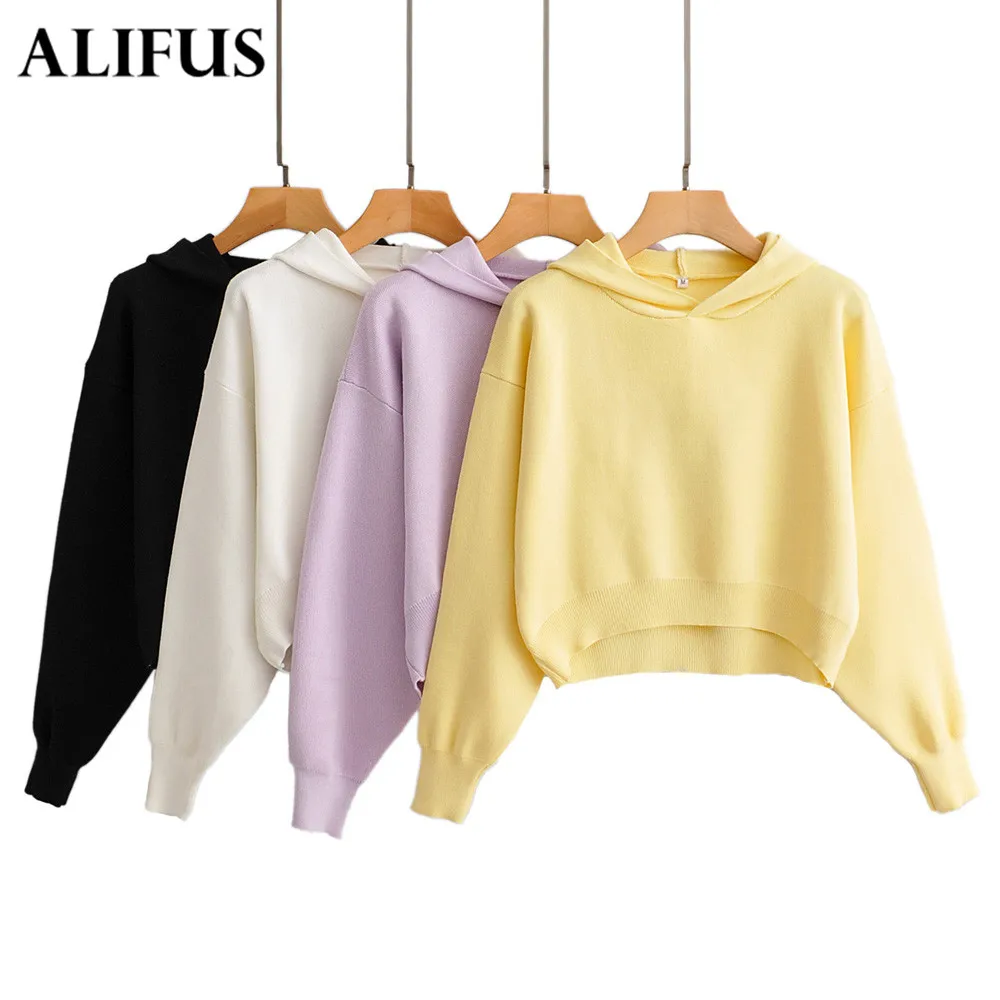 

Fashion Za Autumn Women Solid Hoodies Casual Fleece Loose Pullover Sweatshirt Harajuku Printed Female Short Hooded Tops