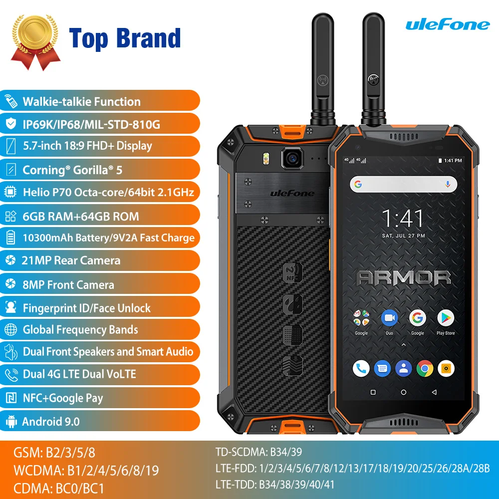 Рация Ulefone Armor 3WT повышенной яркости Android 9 0 6 ГБ 64 10300 мАч NFC 4G смартфон