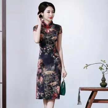 

Summer Oriental Slim Fit Silk Slim Fit Tunic Dresses Women Mandarin Collar Short Sleece Ethnic One One Robe Knee Length Dress