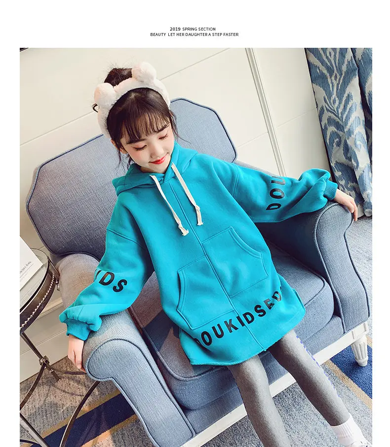 Синий свитер; Длинная стильная модная одежда с буквенным принтом; осенний хлопковый пуловер для девочек; детская толстовка с длинными рукавами