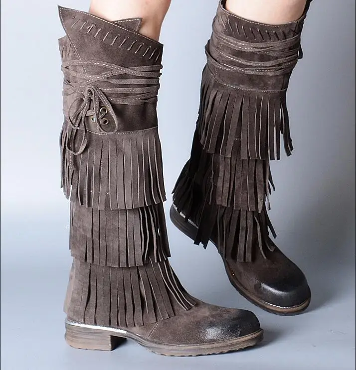 Ботинки женская обувь женские ботинки модные сапоги до колена из натуральной кожи с кисточками г. Новые Зимние удобные сапоги в стиле ретро X252 - Цвет: Gray