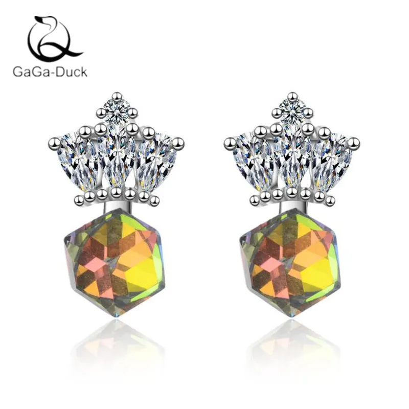New Fashion Jewelry Colorful Aurora Sugar Cube Crown Beautiful 925 Sterling Silver Personality Square Crystal Stud Earrings E875 | Украшения
