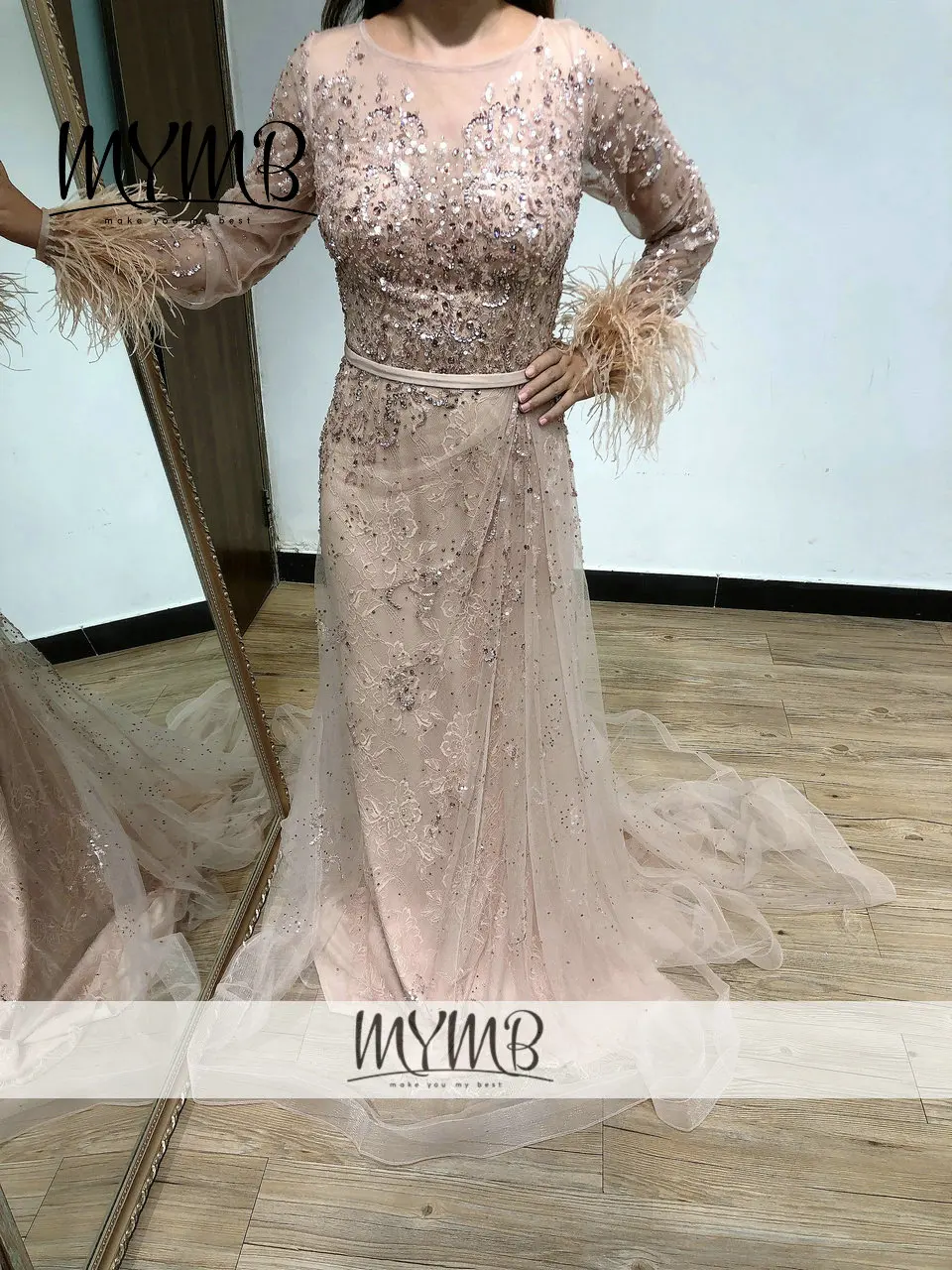 

Новое поступление, длинное платье для свадебной вечеринки MYMB, розовое кружевное платье с бисером, дизайнерские платья с рукавом в виде перьев для женщин 2021 MY41130