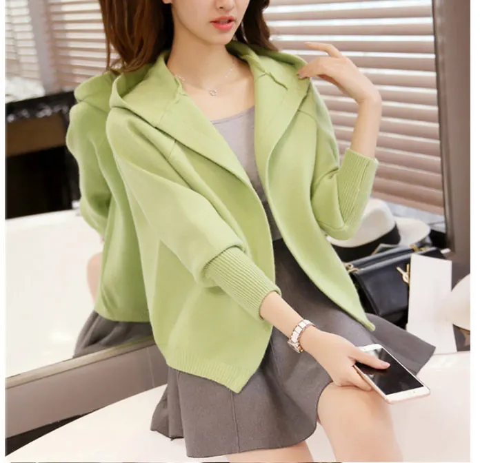 Autumn Winter Fashion Solid Color Hooded Wool Blends Cardigan Women Casual Open Stitch Knitted Sweater Cardigans