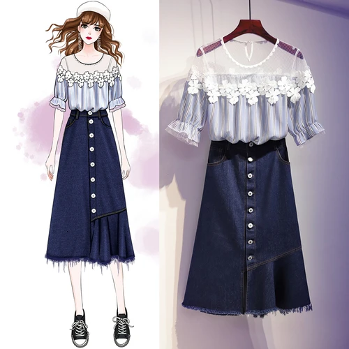 

2019 Summer Korean Version 2 Piece Skirts Set Women Short Sleeve Striped Shirt Elastic Waist Plus Size 4xl 100kg Suit Set Loose