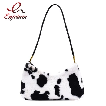 

Cute Cow Design Plush Large Capacity Ladies Tote Bag 2021 Winter Trendy Shoulder Bag Women Messenger Bag Ladies Travel Bag