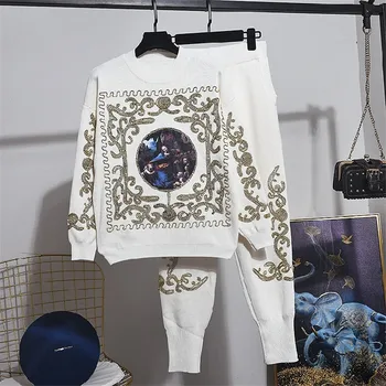 

Autumn Winter Knitted Tracksuit 2pc Women Set Embroidery Knitting Sweater Long Pencil Pants Suit Women Loose Casual Suit Female