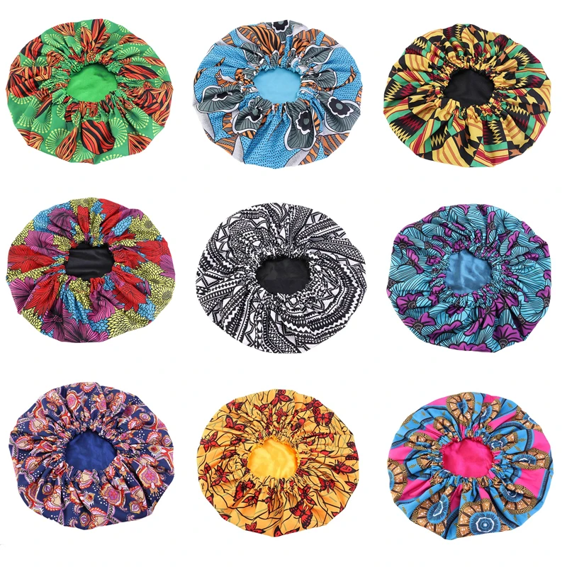 Атласная шапочка для волос 38 см с большим принтом тканевая Ночная в африканском