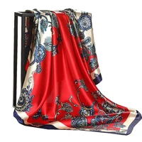 Floral Print Head Scarf For Women Silk Satin Hijab Scarfs Orange Red 90*90cm Square Neckerchief Headband Scarves For Ladies 1
