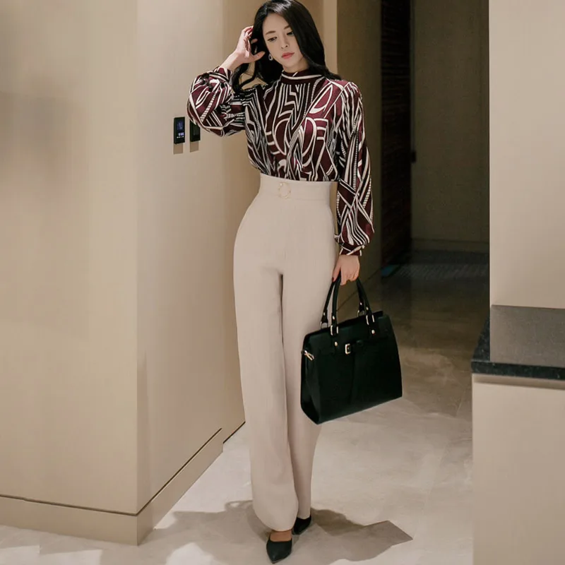 Зима корейский темперамент печатных рубашка Топ Мода талии брюки профессиональный костюм для женщин