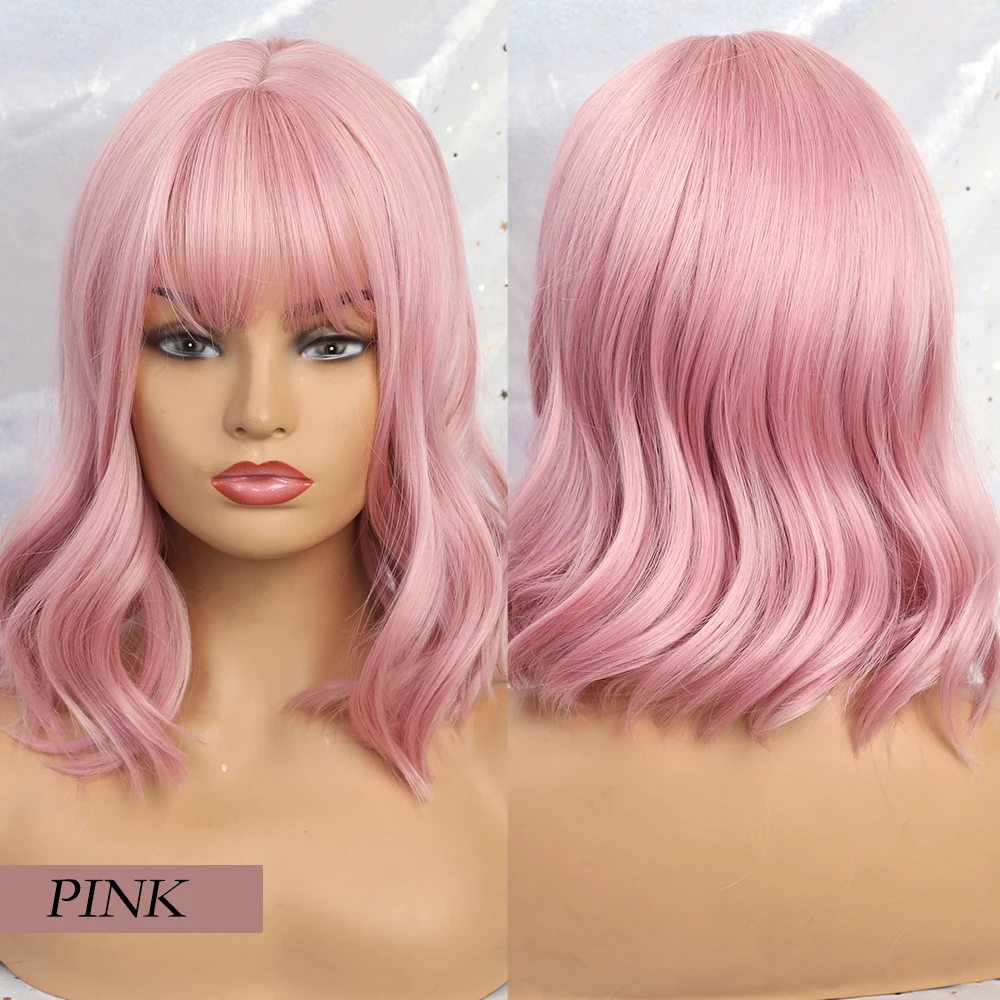 JONRENAU высокое качество короткие натуральные волнистые волосы синтетические парики с аккуратной челкой для женщин розовый бежевый коричневый 3 цвета на выбор - Цвет: lc210