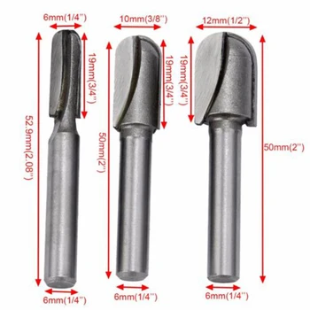 

3pcs Set 1/4 3/8 1/2inch Template Ball Round Nose Shank Router Bits Milling Tool