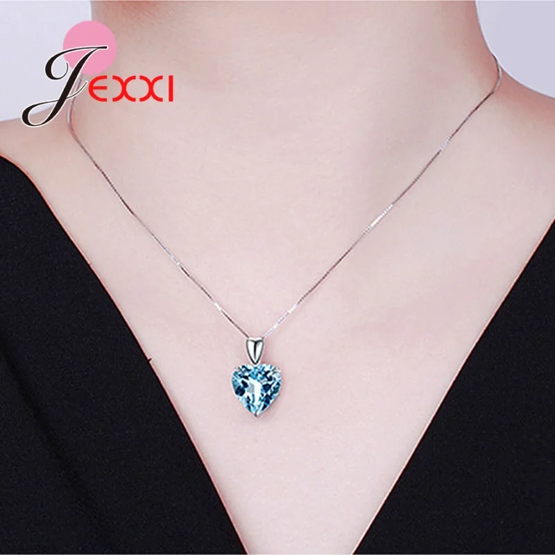 Pendant necklace Elegant Luxury Blue Crystal Rhinestone Heart Pendant Necklace Women AAA Zircon 925 Sterling Silver Birthday Wedding Jewelry