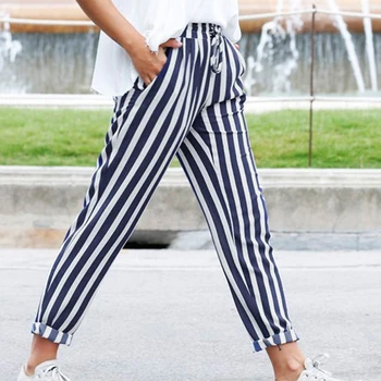 

Women Stringy Selvedge Style Casual Pants Fashion Loose Lace Up Female Trousers 2019 New Summer Striped High Waist Harem Pants