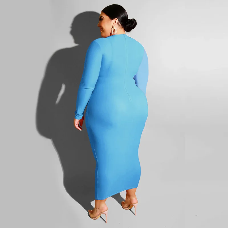 4XL 5XL плюс Размер цветной блок Новое Женское Макси платье с круглым вырезом с длинным рукавом весна осень длинное платье большой размер 3XL сексуальная одежда платья