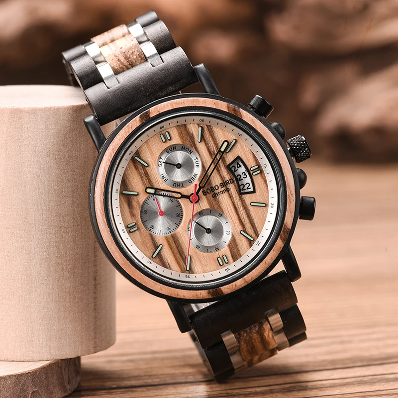 BOBO BIRD часы мужские montre деревянные часы мужские Хронограф военные часы роскошные стильные дропшиппинг с деревянной коробкой reloj hombre