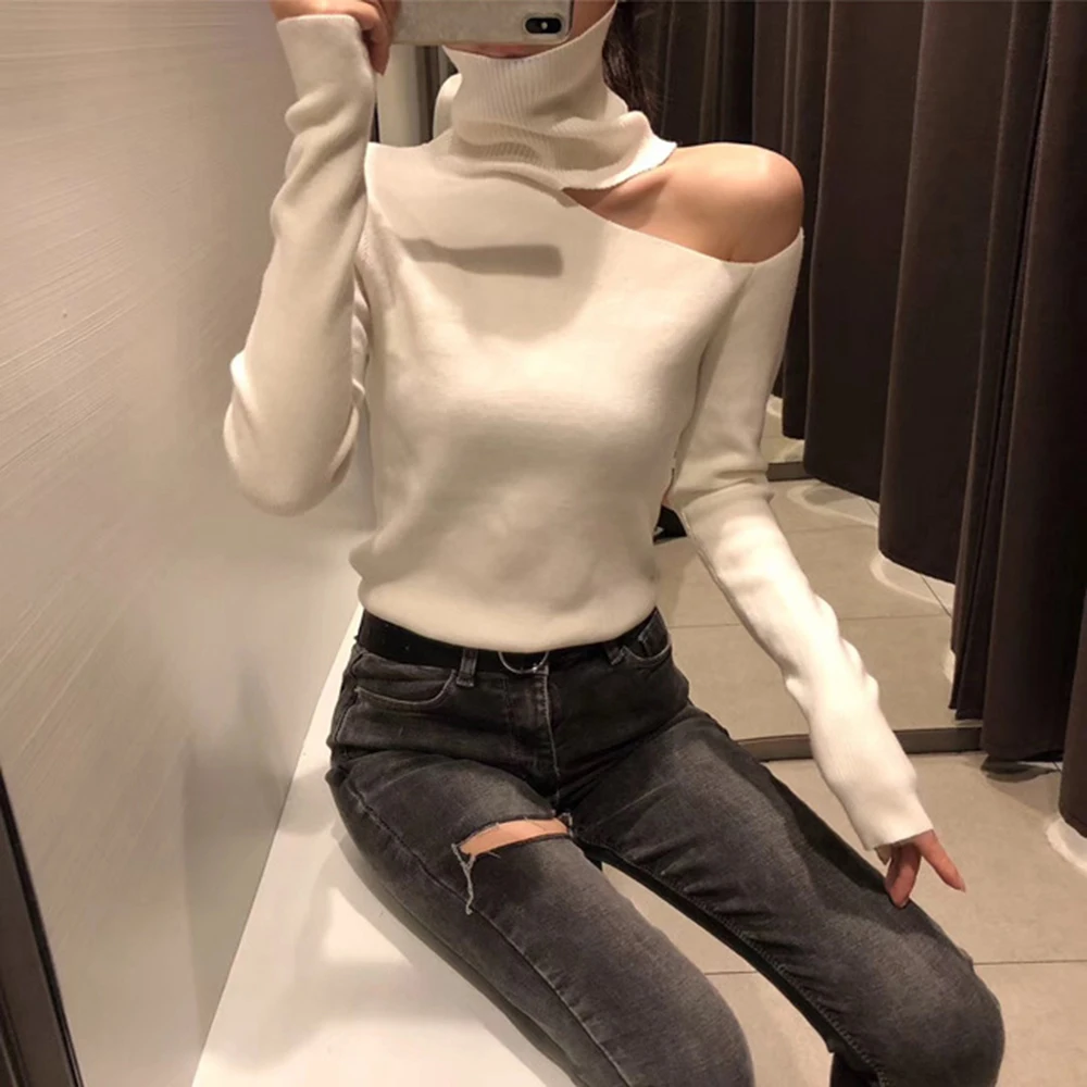 Knitted Sweater Off Shoulder Pullovers for Women Long Sleeve Turtleneck Female Jumper Black White Gray Sexy Clothing | Женская одежда