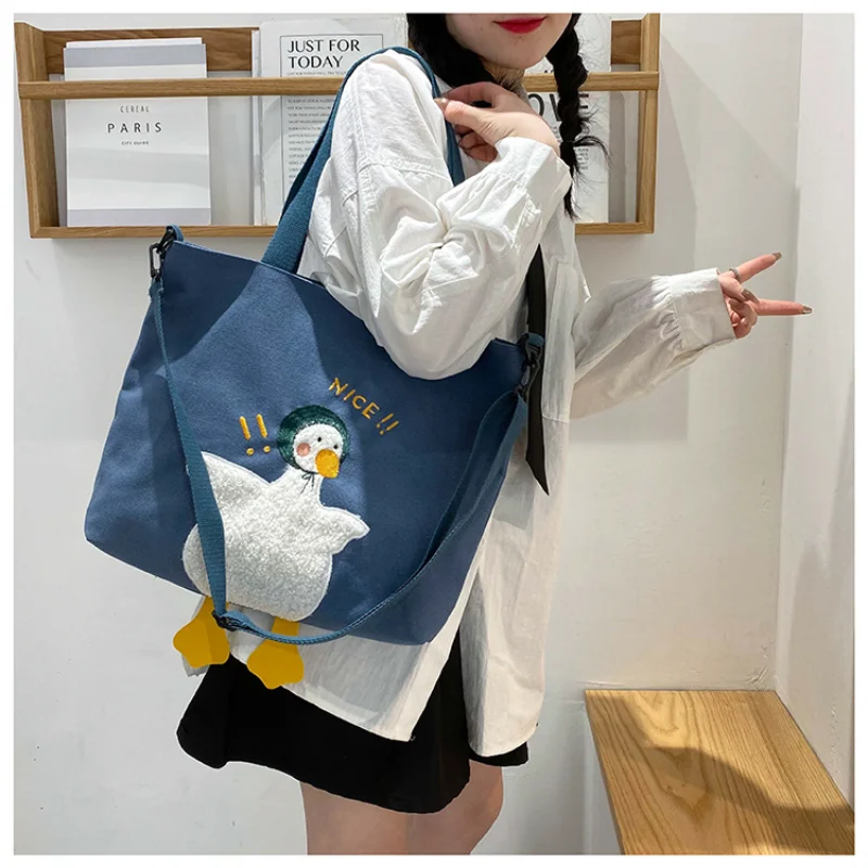 

Solid Color Messenger Bag with Cute Duck Canvas Large Capacity Shoulder Bag Handbag for Women