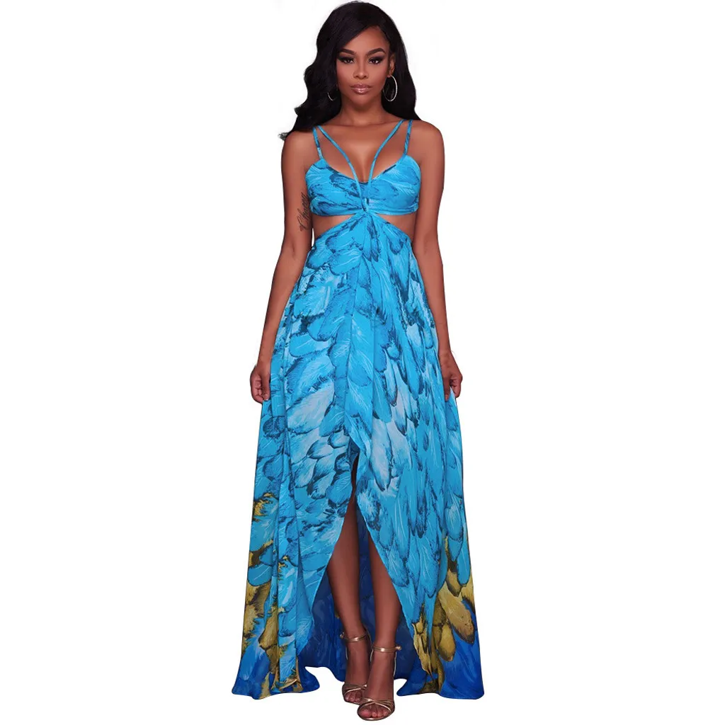 Women Dress Hollow Out Long Dress Summer Sexy Sleveless Boho Style Floral Print Casual Beach Vintage Sling Maxi Dress Vestidos
