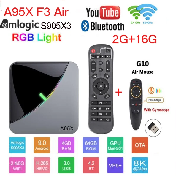 Android 9,0 RGB светильник Smart tv Box Amlogic S905X3 USB3.0 1080P H.265 4K 60fps Wifi Google Play Netflix Youtube A95X F3 Air 8K - Цвет: 2G 16G G10