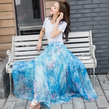 

Maxi Floral Skirts for Women Chiffon Long Empire High Waist Korean Style Pleated Elegant Lady Skirt