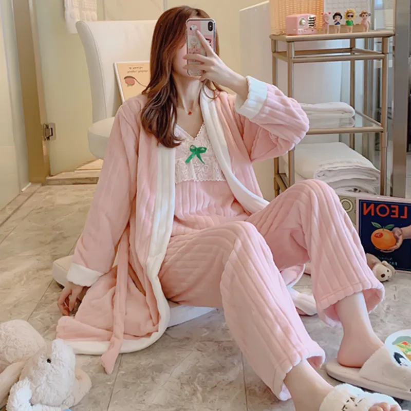 

Pajamas Women's Autumn & Winter Coral Velvet Long Sleeve Three-piece Set-Women's Robes Cute Camisole Thick Flannel Winter Home W