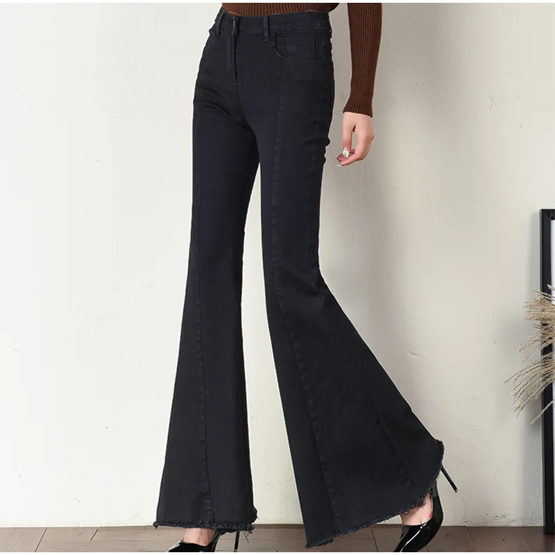 Женские длинные джинсы размера плюс, с большим поясом, черные, деним, 5Xl, 7Xl, Осенние, зимние, широкие, с кисточками, обтягивающие, расклешенные брюки - Цвет: Black