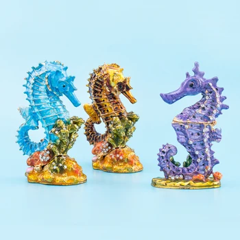 

H&D 3 Color Seahorse Figurine Trinket Box Hand-Pasted Rhinestones Hinged Crystal Jewelry Storage Box Sea Animal Collectible Gift