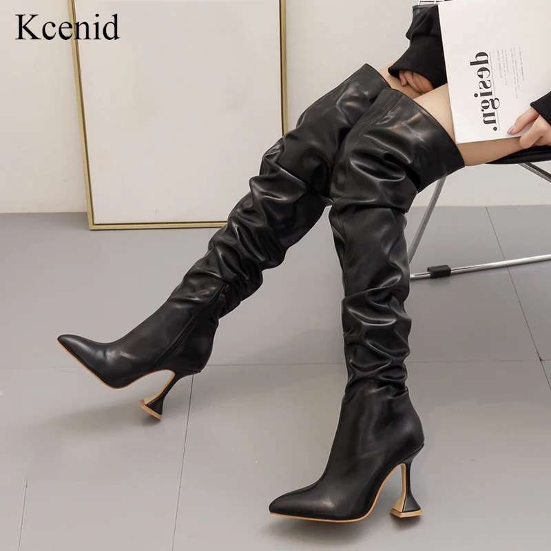 

Kcenid New Women Over The Knee Boots High Heel Pleated Long Botas Winter Shoes Women Sexy Pointed Toe Footwear Black White